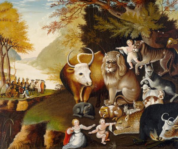 Oil on canvas of several small children, animals, and Penn's treaty in the left background. In this painting a child touches the head of a docile leopard and the animal faces seem collectively less fierce. 
